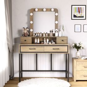 Vanity Desk with Mirror and Lights, Makeup Vanity with 3 Color Dimmable Lighted Hollywood Mirror, Brown Makeup Table with 4 Drawers