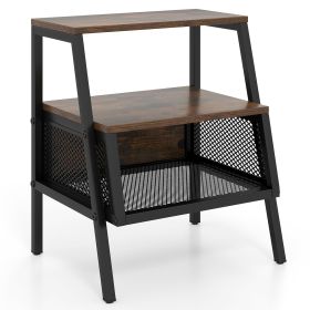 Industrial Nightstand 3-Tier End Table with 2 Open Shelves and Metal Mesh Compartment