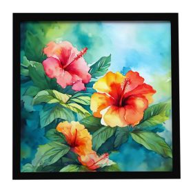 Hawaii Hawaiian Hibiscus in Watercolor Framed Metal Print Bathroom, Kitchen, Office, Home Decor Wall Art Ready to Hang, Square, 8X8 (Default: Default)